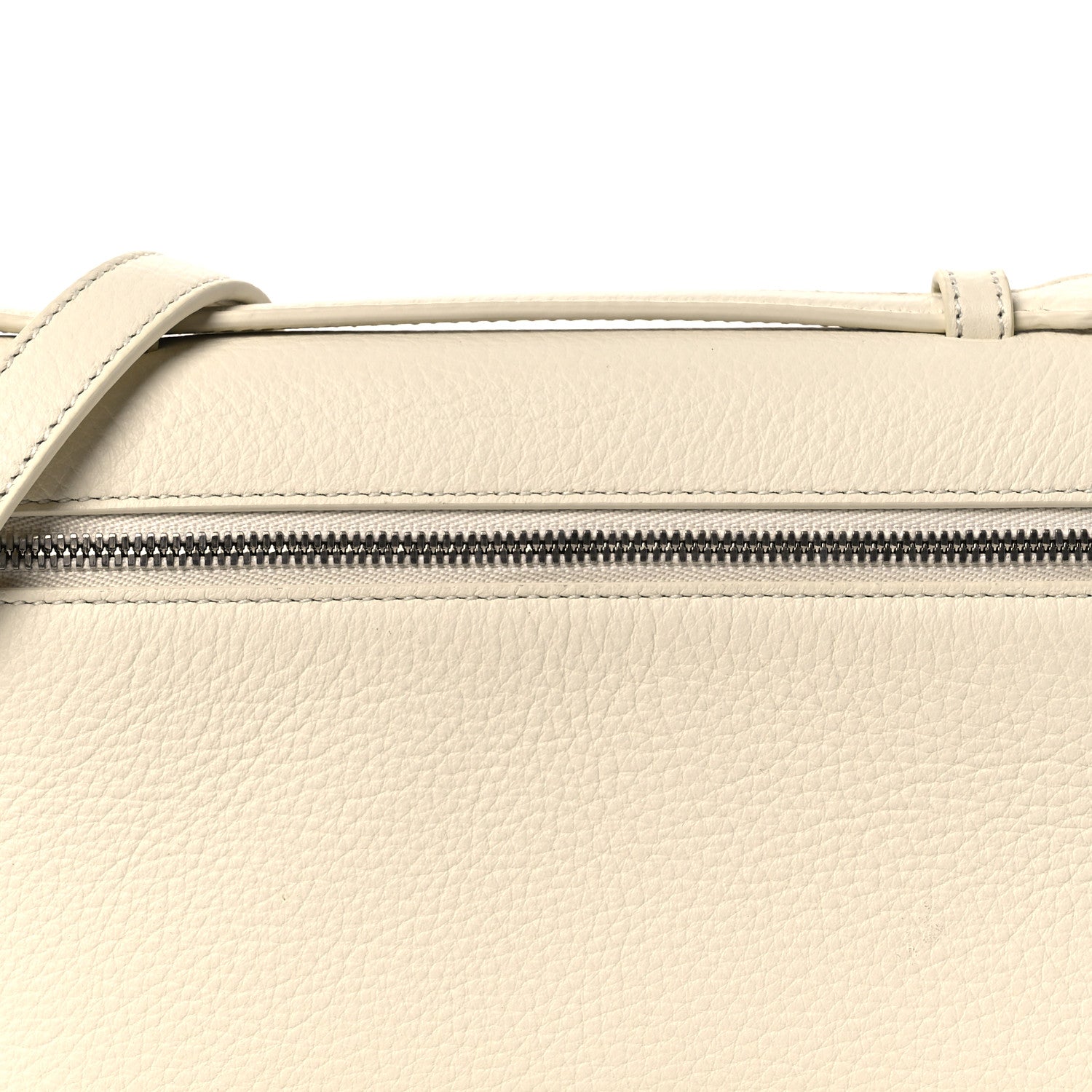 White grained calfskin pouch with top zip and leather handle loop
