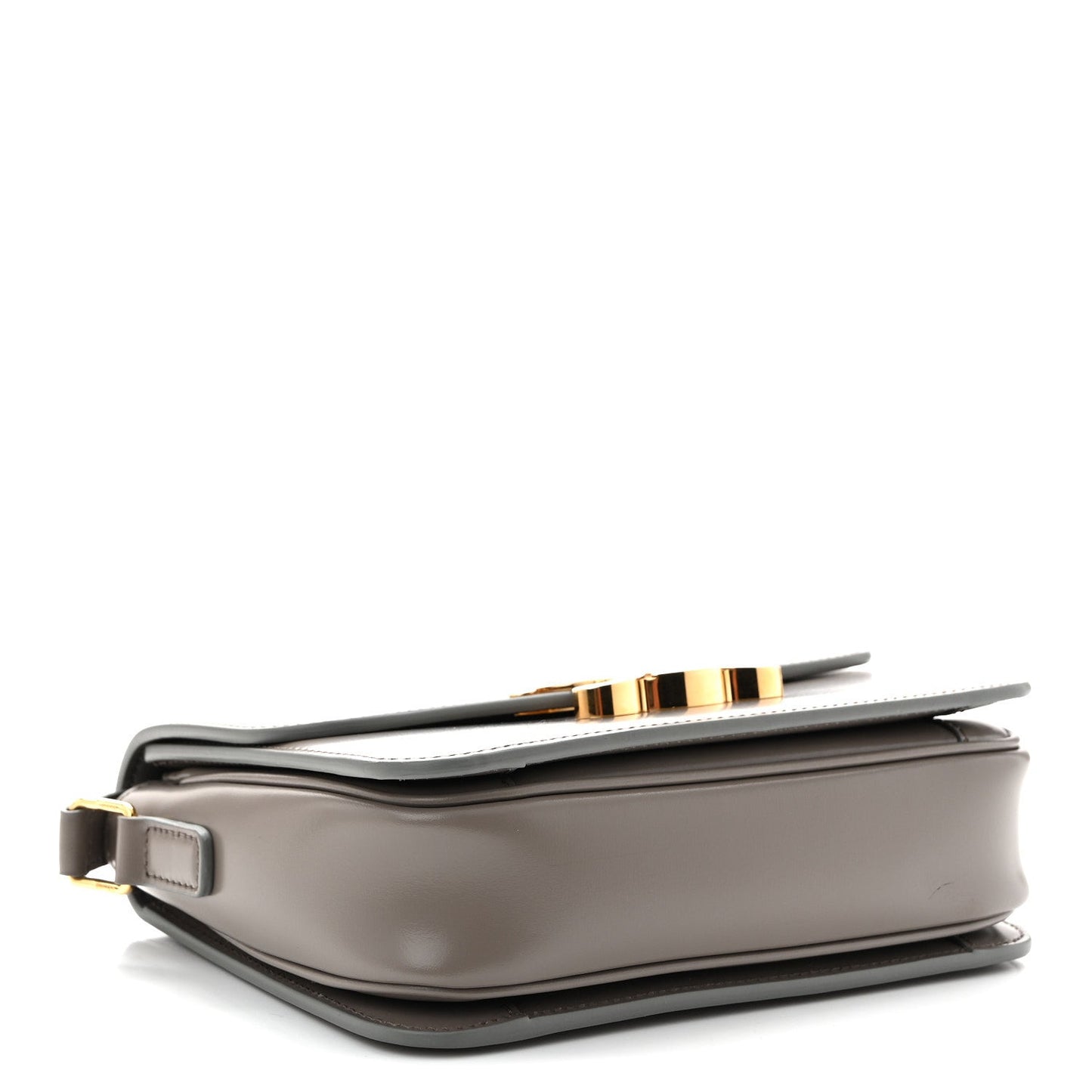 Celine shiny calfskin shoulder bag side view with strap and gold-tone hardware, light gray