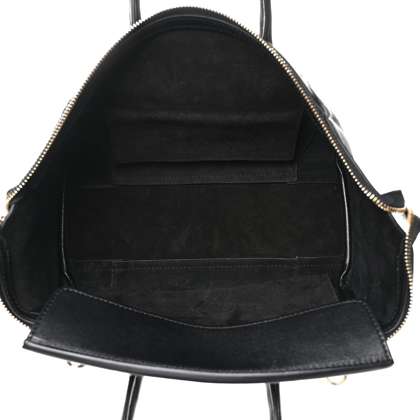 Celine black leather mini tote interior view with zip top and lining
