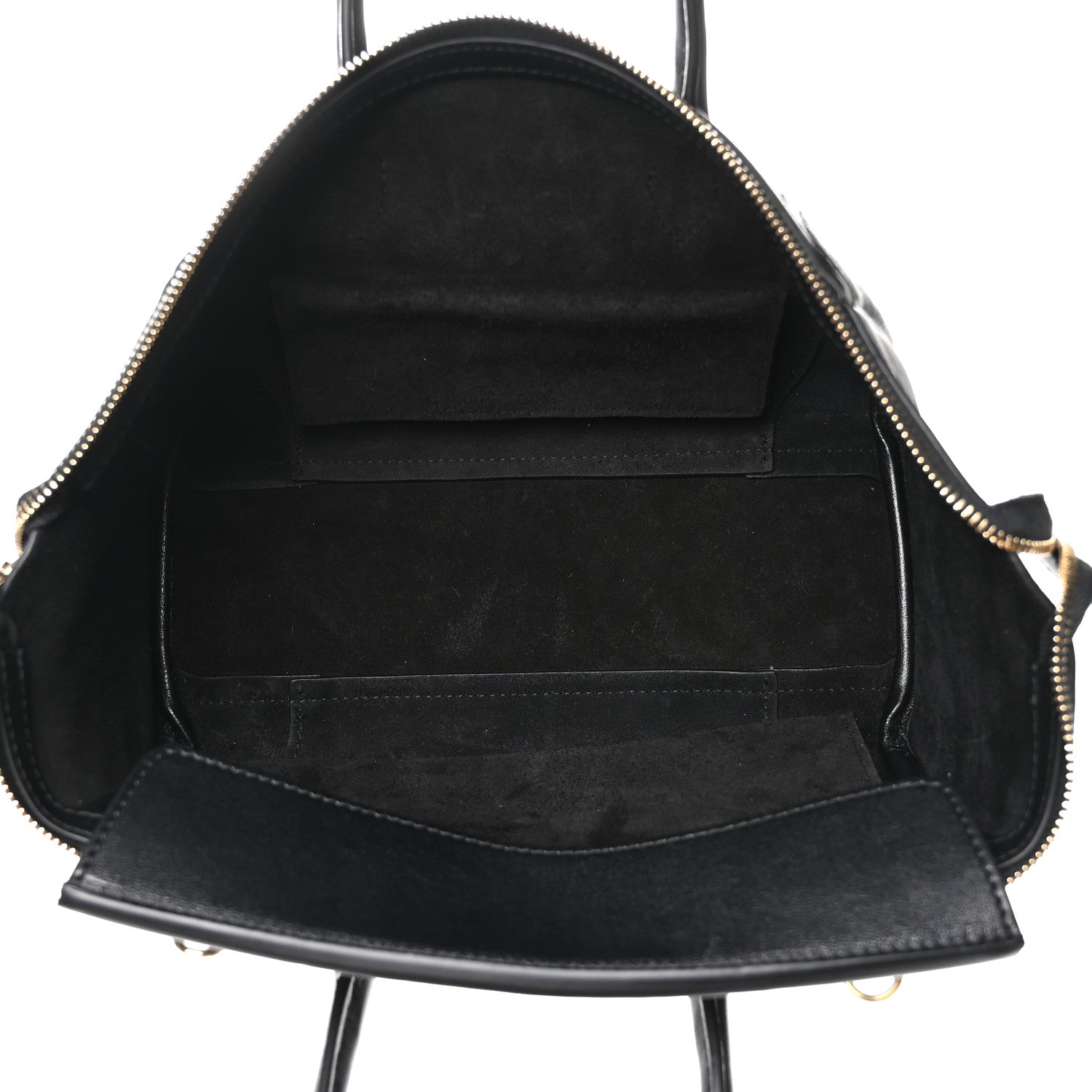Celine black leather mini tote interior view with zip top and lining