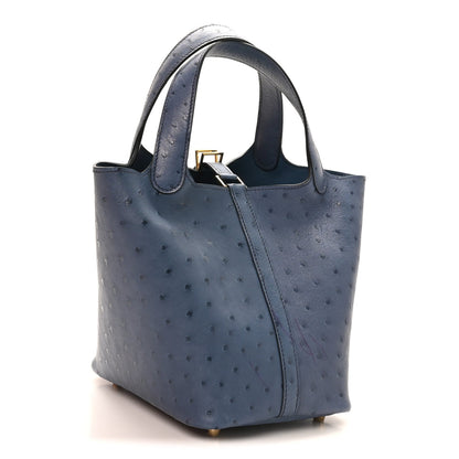 Ostrich Picotin Lock 18 Bucket Bag Bleu Roi Blue