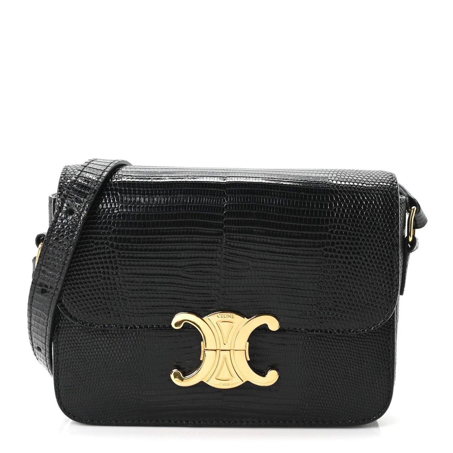 Black lizard-embossed flap shoulder bag with gold C clasp at center