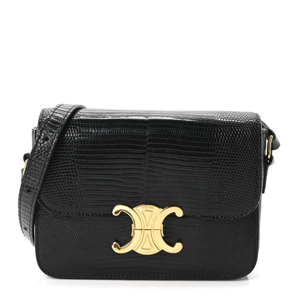 Black lizard-embossed flap shoulder bag with gold C clasp at center