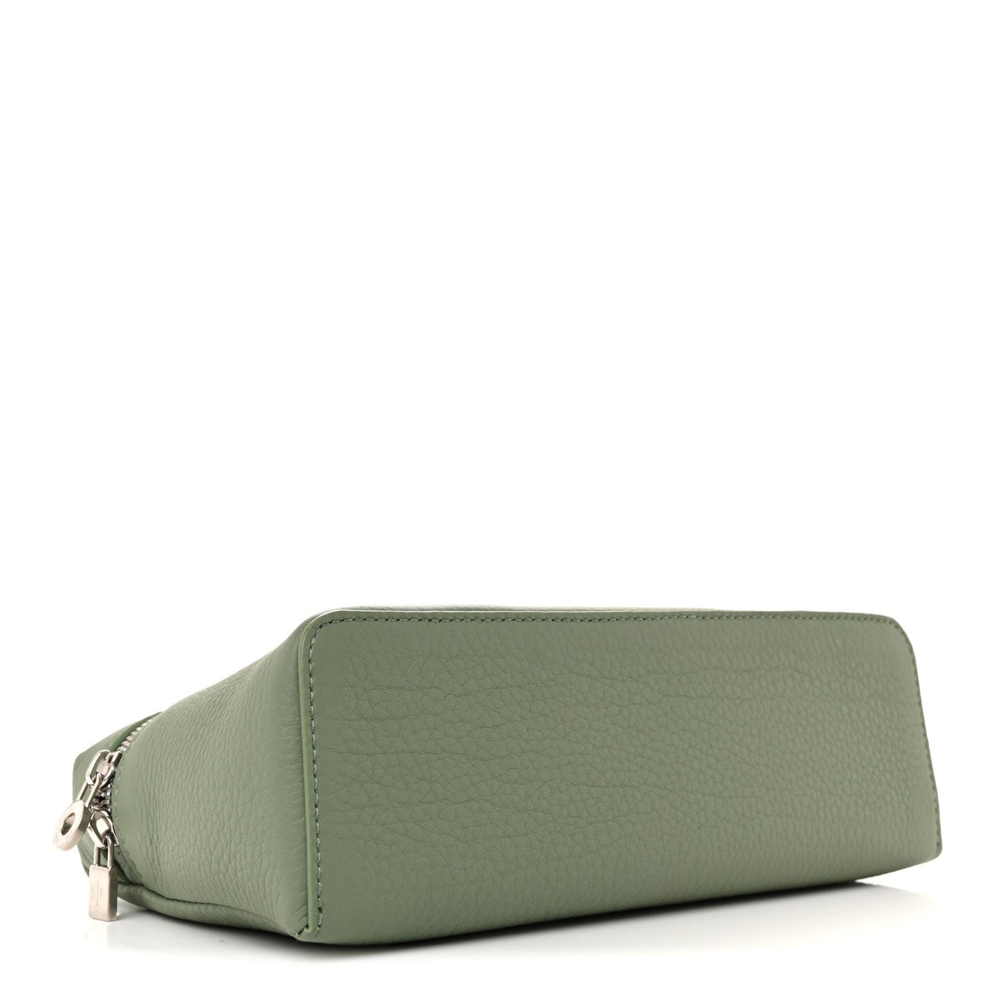 Sage green grained calfskin pouch with top zip and curved sides
