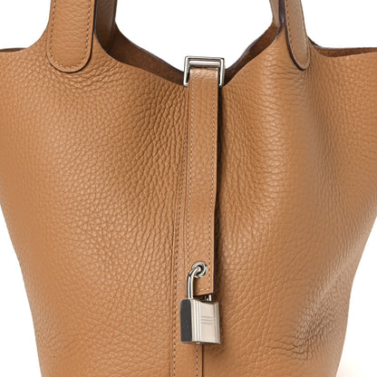 Picotin Lock 18 PM Bucket Bag Textured Calfskin Leather Biscuit