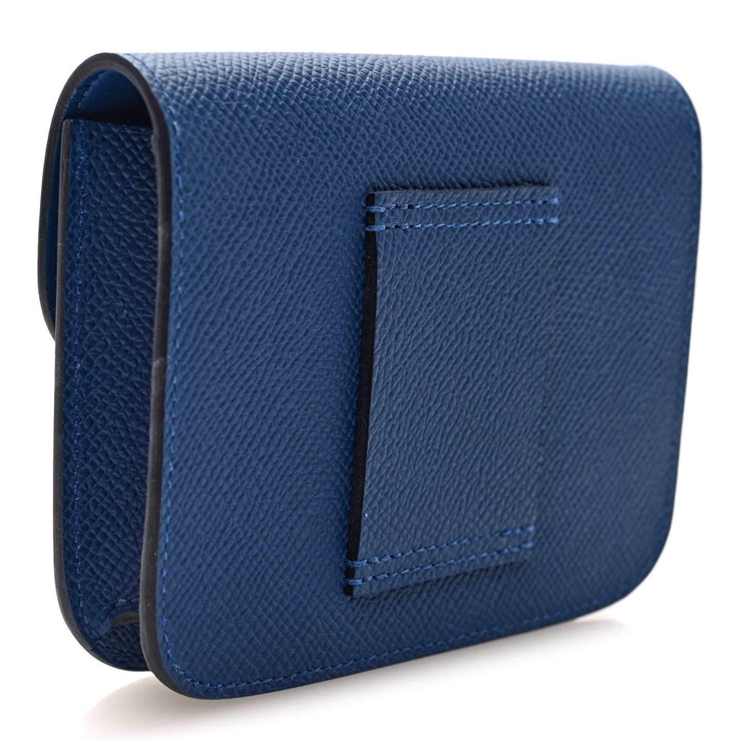 Blue leather slim wallet side view with stitched panel detailing