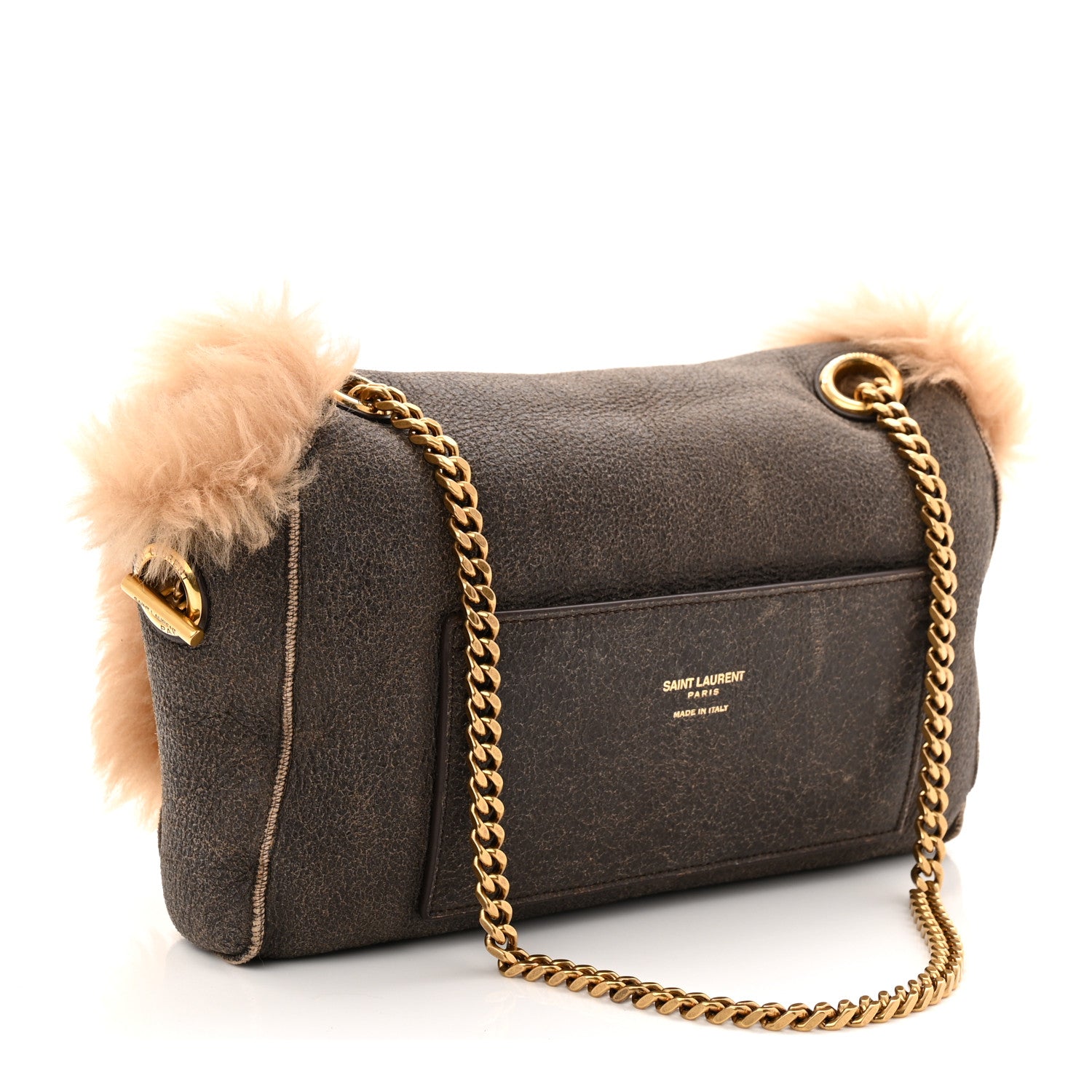 Saint Laurent Shearling Calfskin Small Reversible Monogram Kate Satchel Ecru Dark Brown