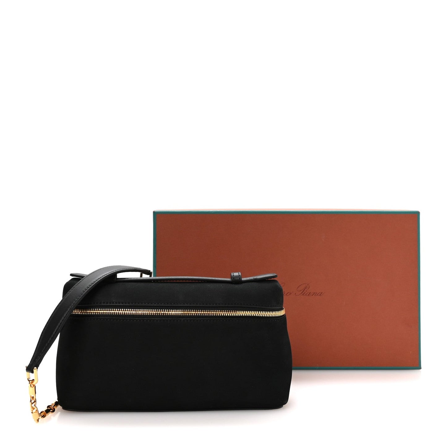 Black nubuck crossbody pouch with top zip and gold chain strap
