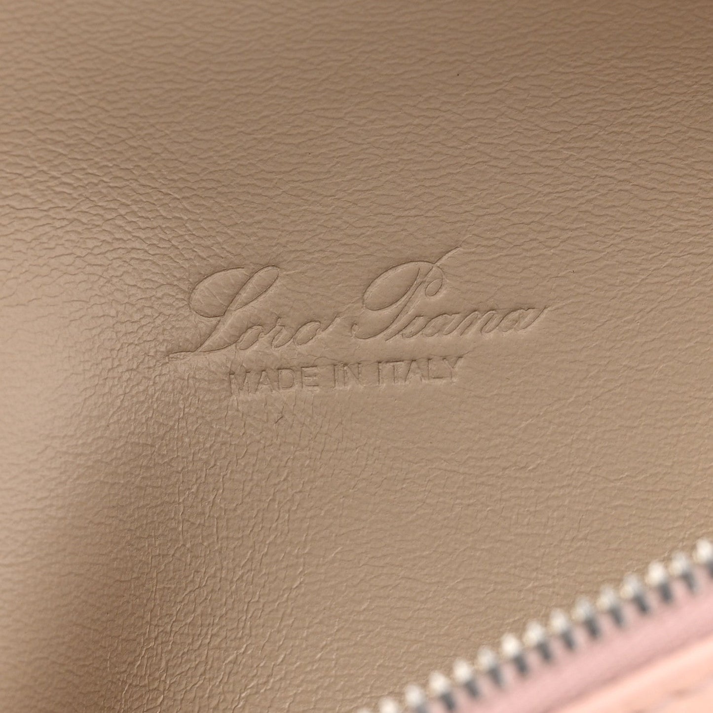 Light pink grained leather with Loro Piana logo and Made in Italy text