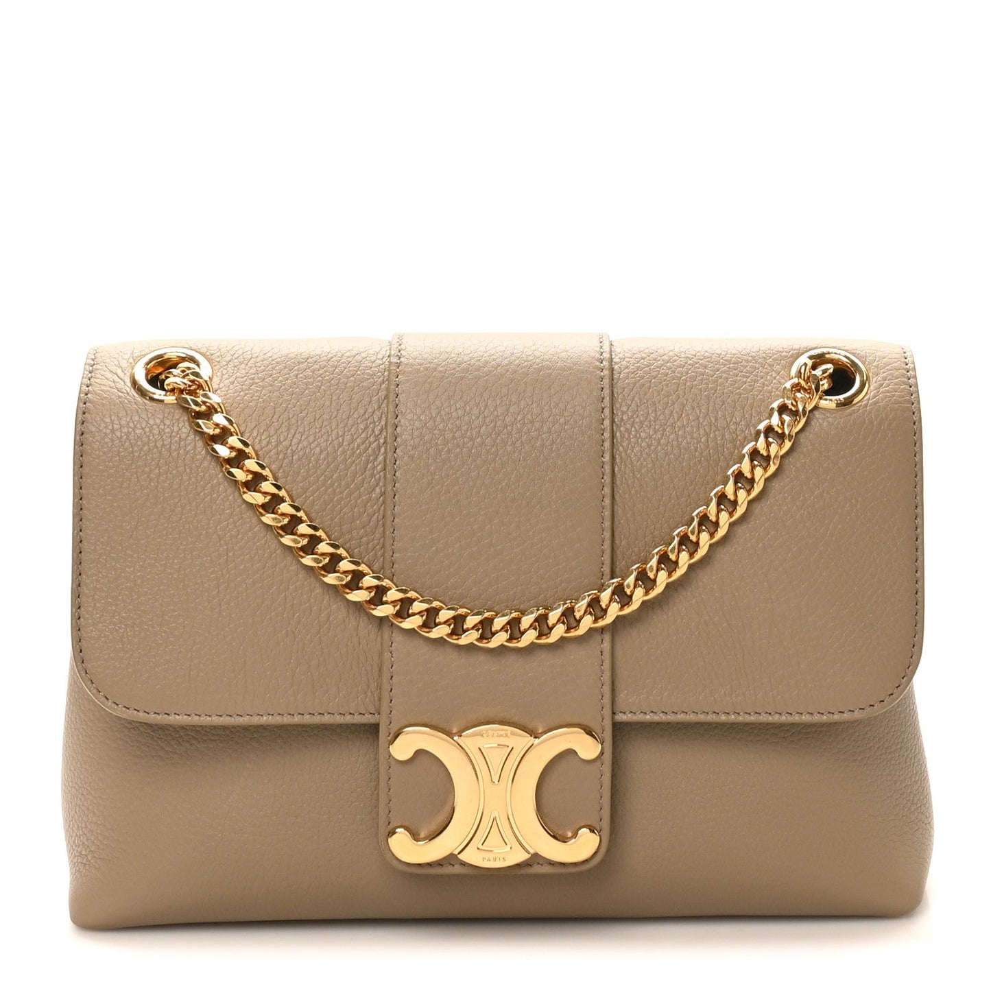 Celine tan calfskin Victoire medium bag with gold chain strap and front logo clasp