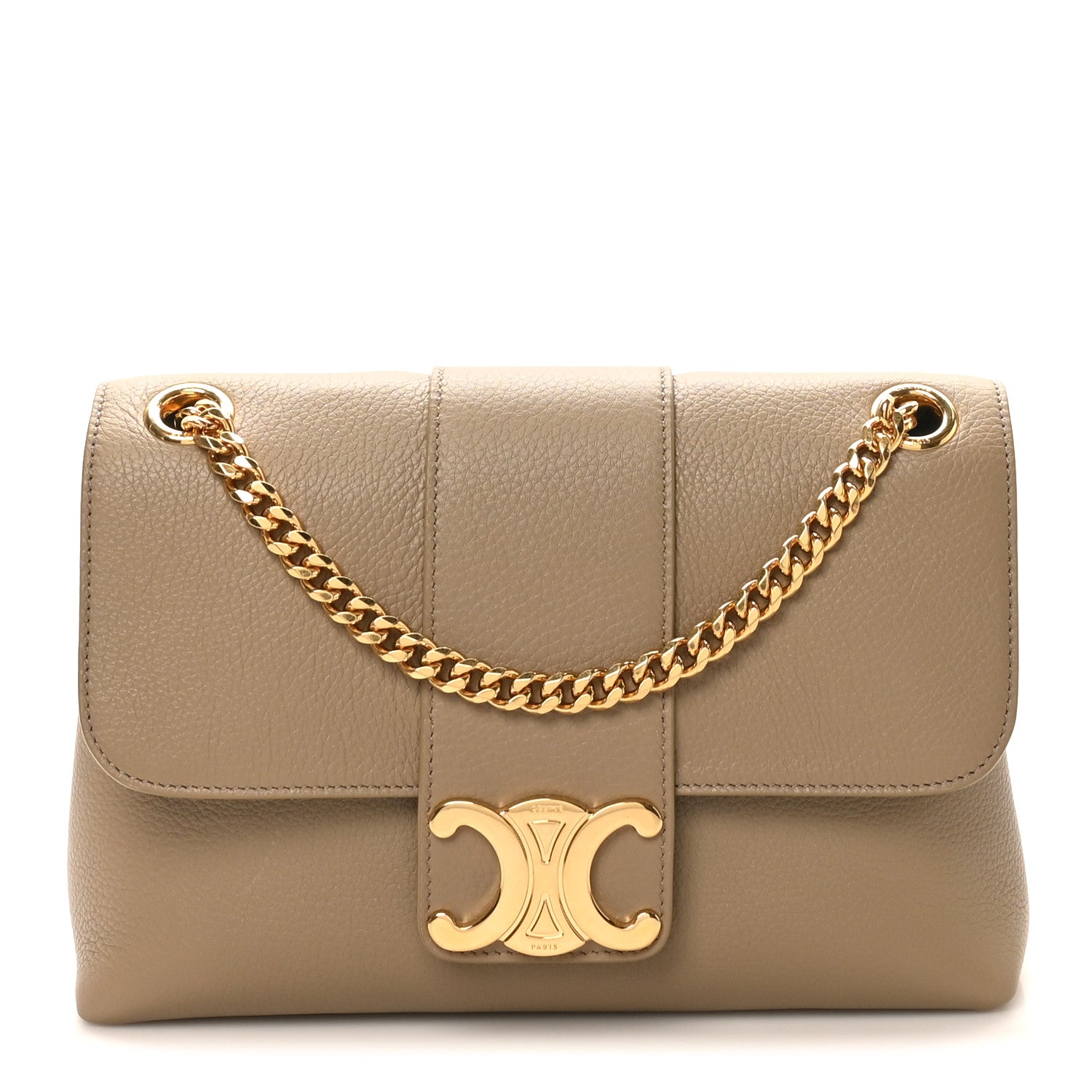 Celine tan calfskin Victoire medium bag with gold chain strap and front logo clasp