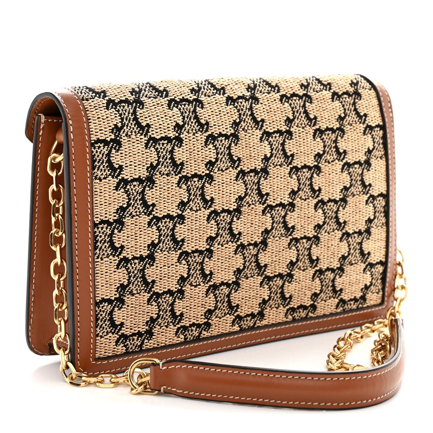 Tan Triomphe wallet on chain with jacquard pattern and gold-tone chain