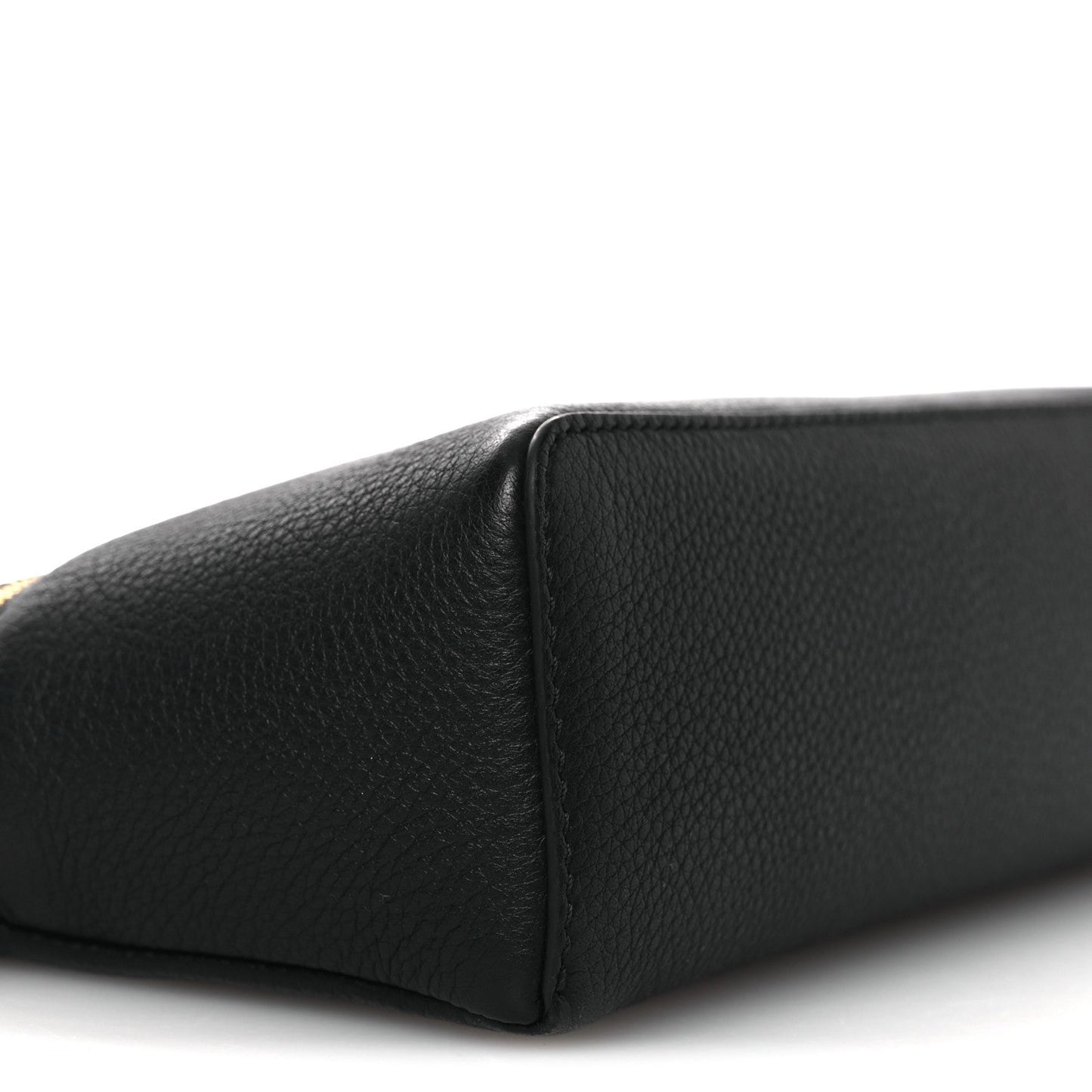 Black grained leather pouch corner with stitched edge and smooth side panel