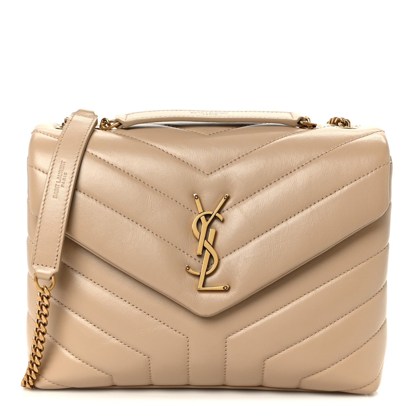 Saint Laurent Calfskin Y Quilted Monogram Small Loulou Chain Satchel Dark Beige