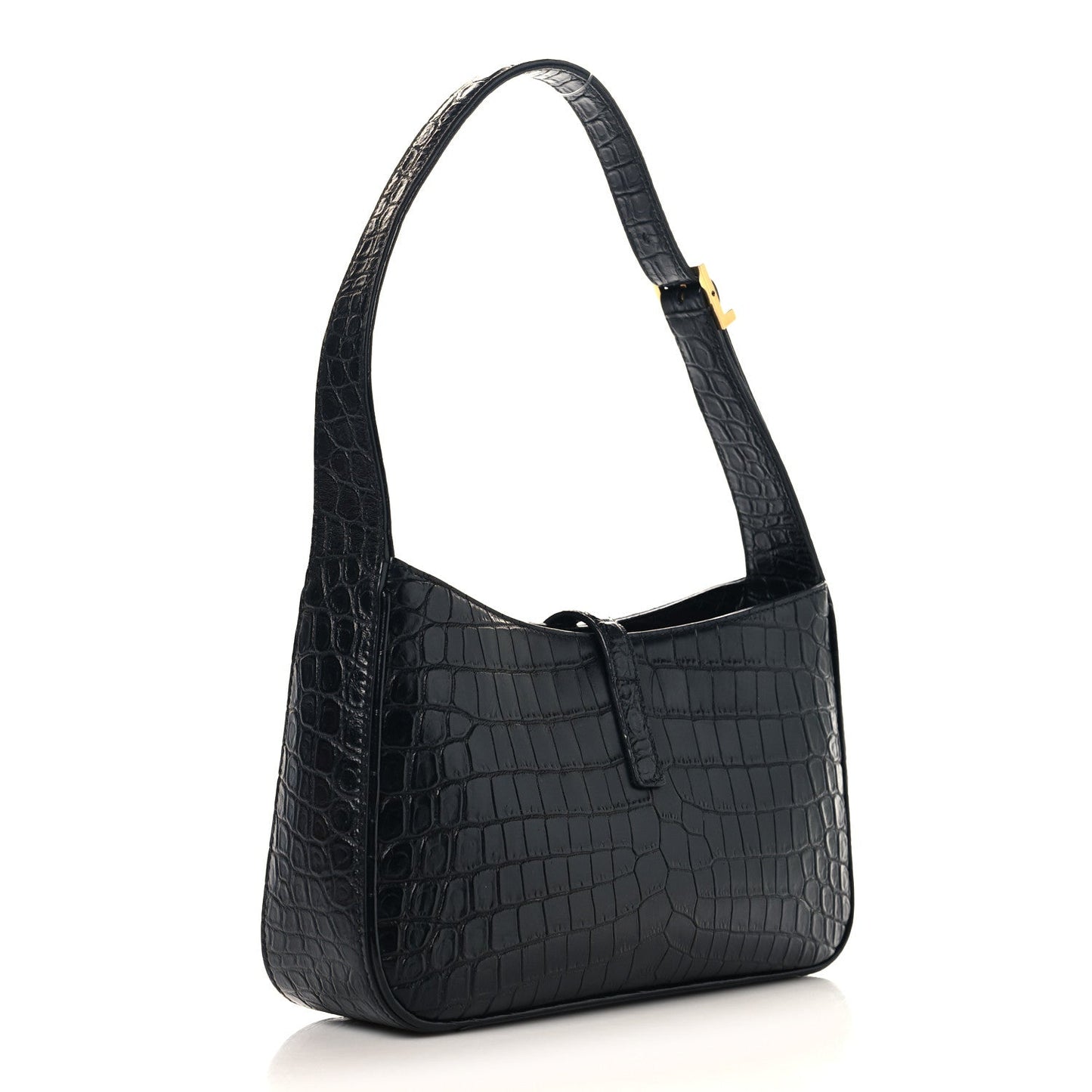 SAINT LAURENT Calfskin Crocodile Embossed Le 5 A 7 Hobo Shoulder Bag Black