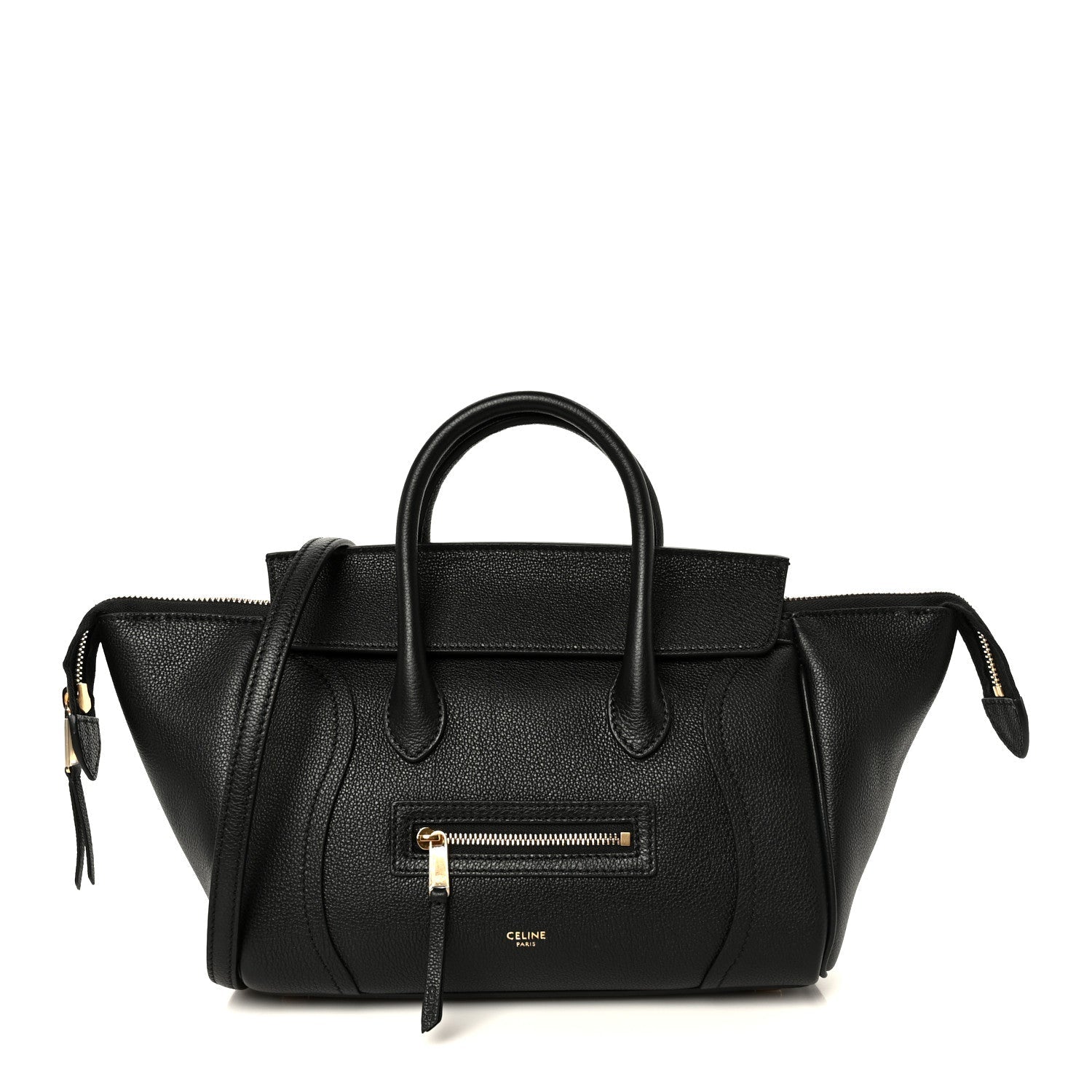 Celine grained calfskin tote bag in black, front zip pocket and top handles
