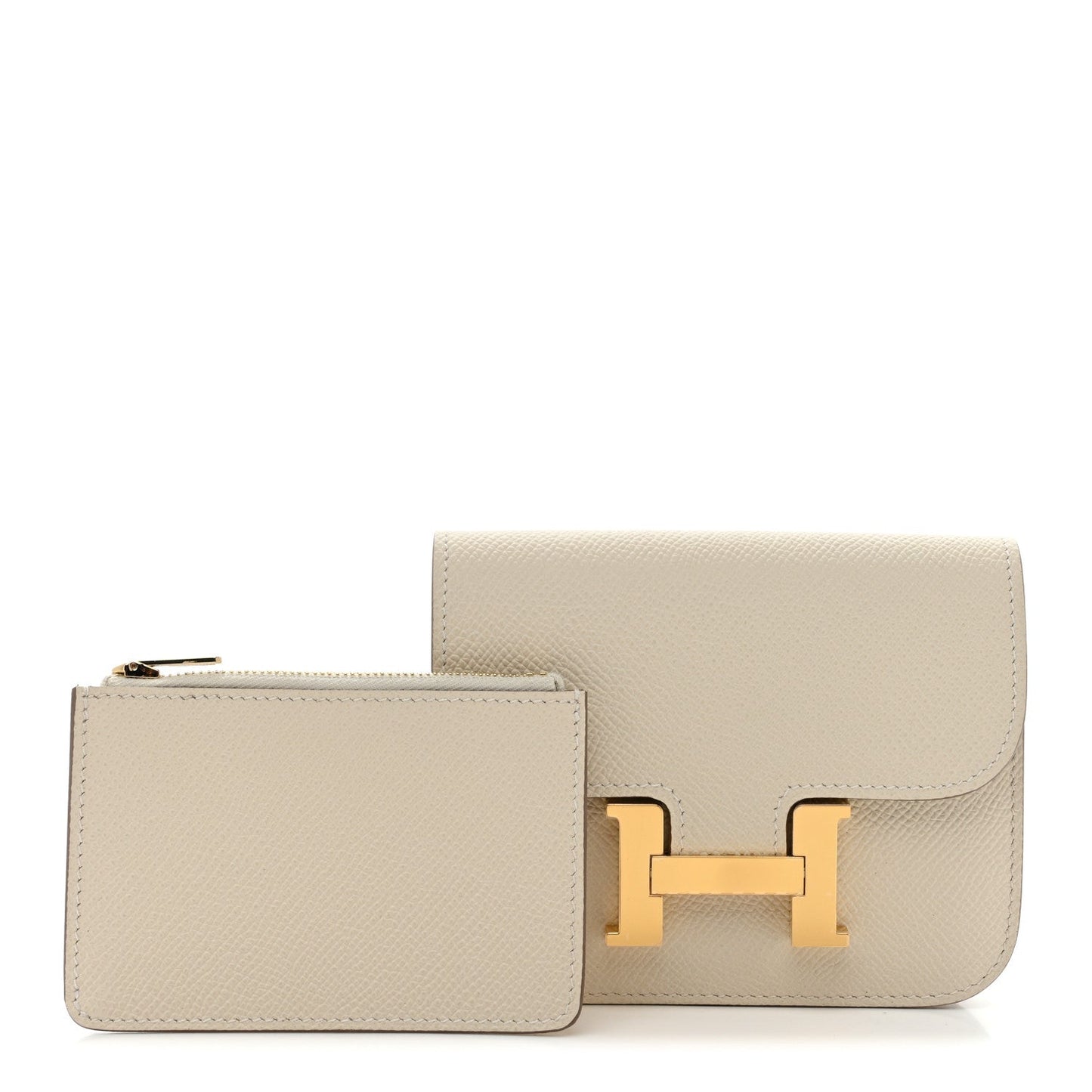 Slim wallet and card case with gold H clasp, light cream textured leather