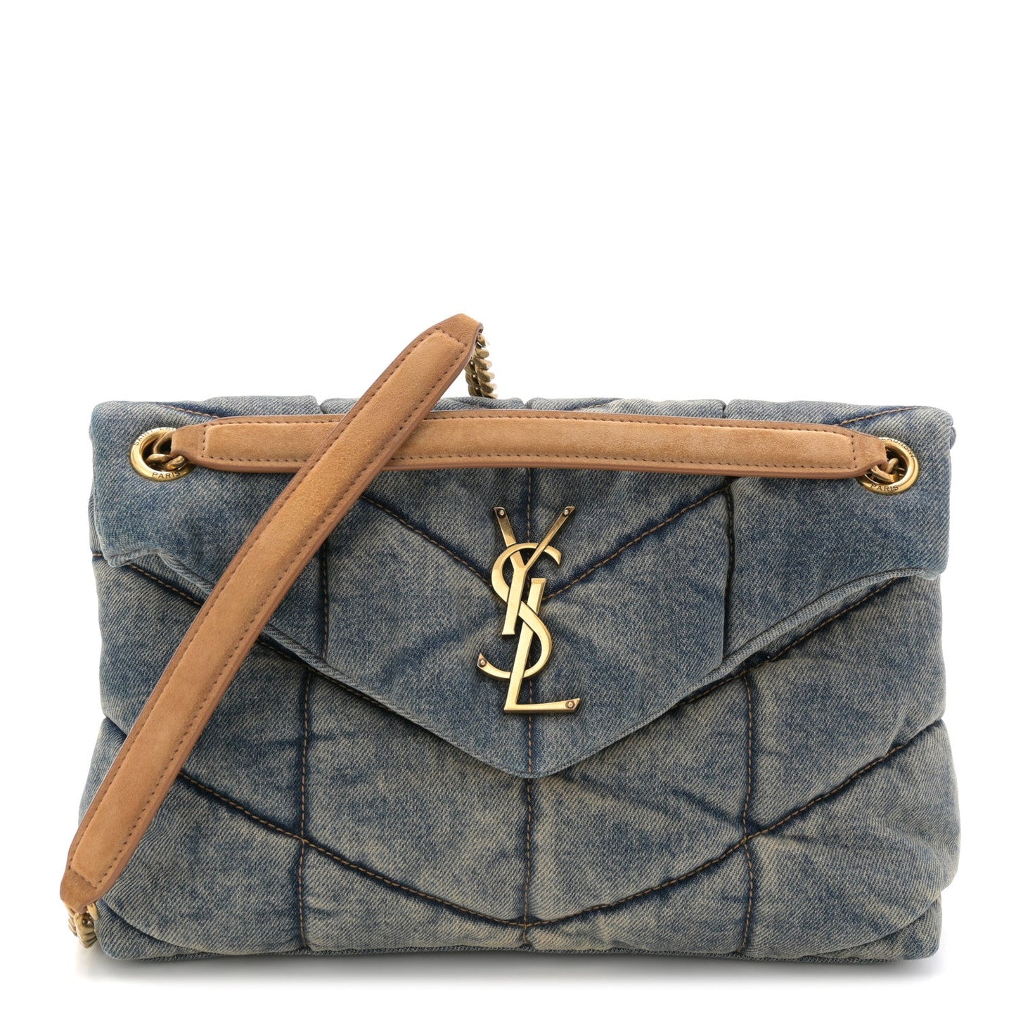 Saint Laurent Denim Quilted Small Loulou Puffer Monogram Chain Satchel Blue Cinnamon