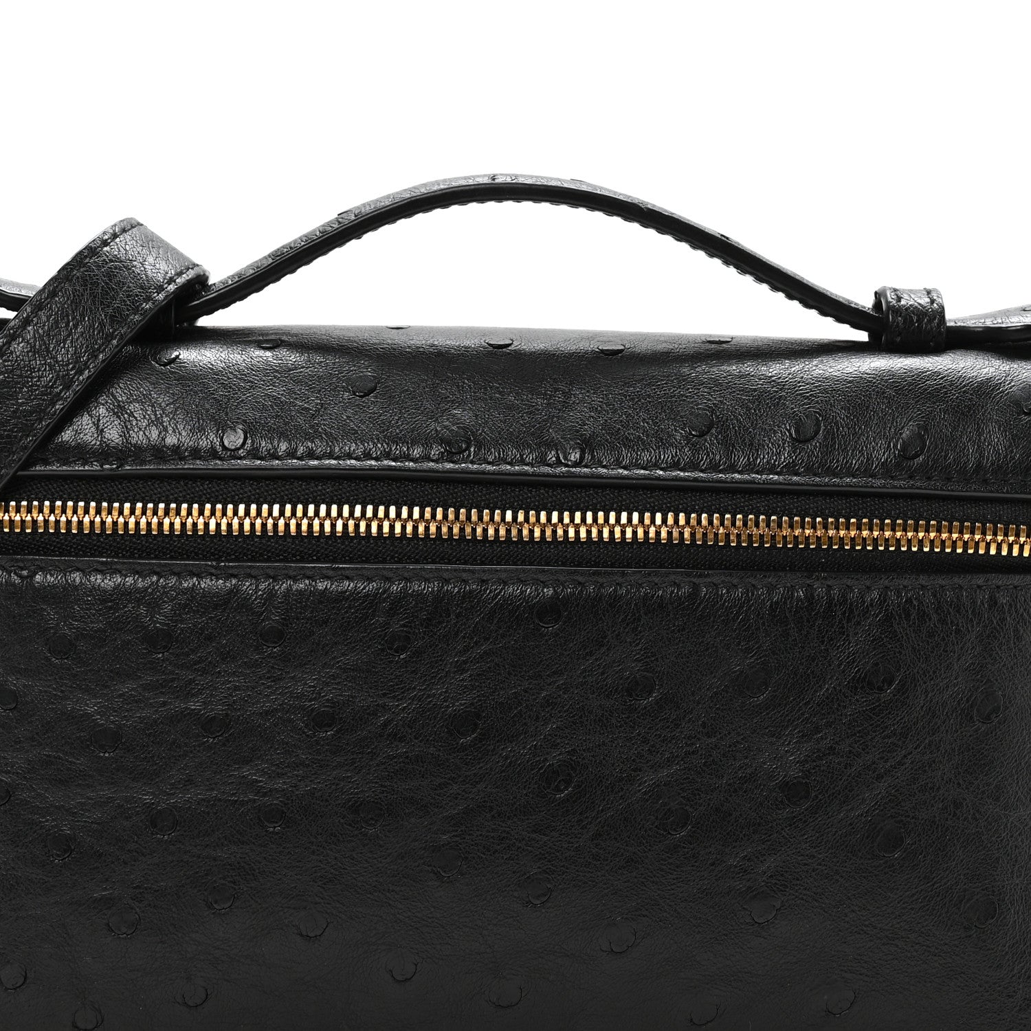 Black ostrich pocket pouch top view with gold-tone zipper and handle attachment