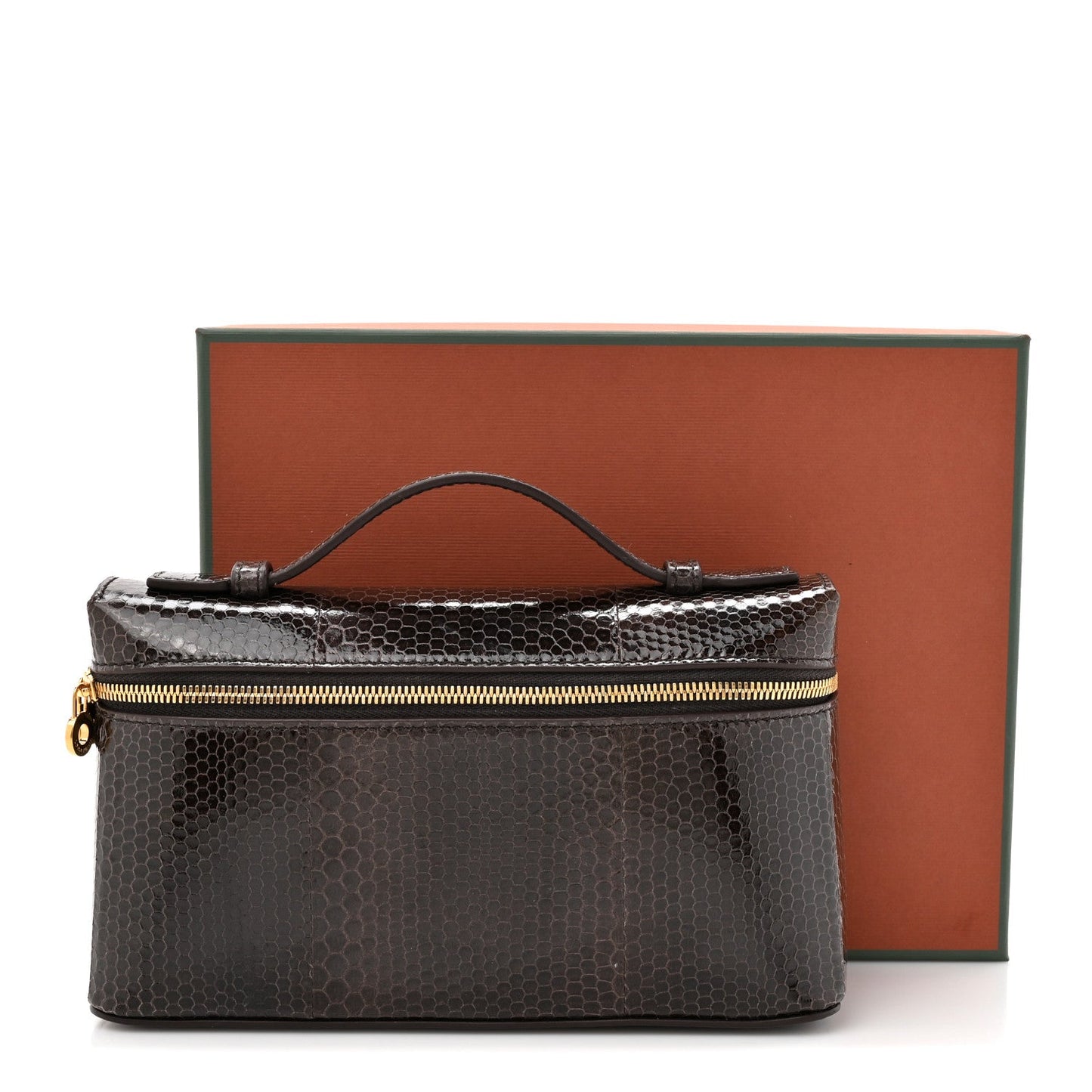 Loro Piana lizard leather extra pocket pouch with top handle and gold zipper, dark brown