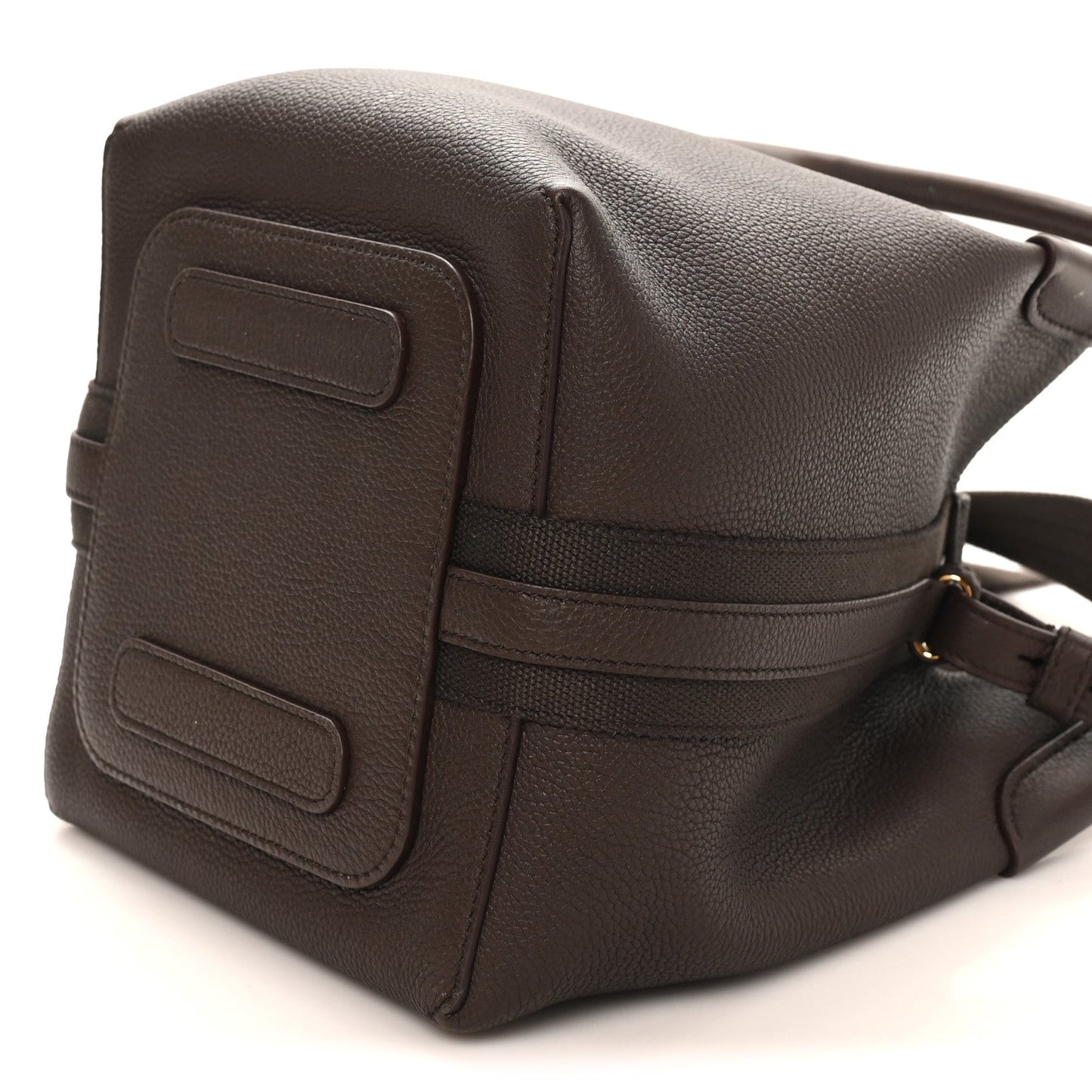 Dark brown grained calfskin small bale bag back panel with embossed rectangles and strap