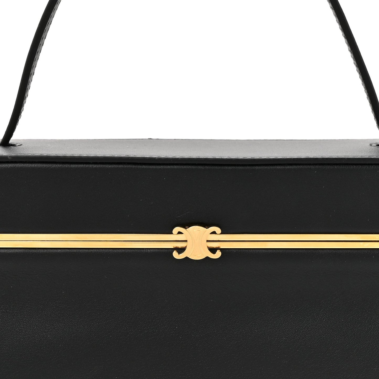 Black leather rectangle bag front latch with gold-tone bar and emblem