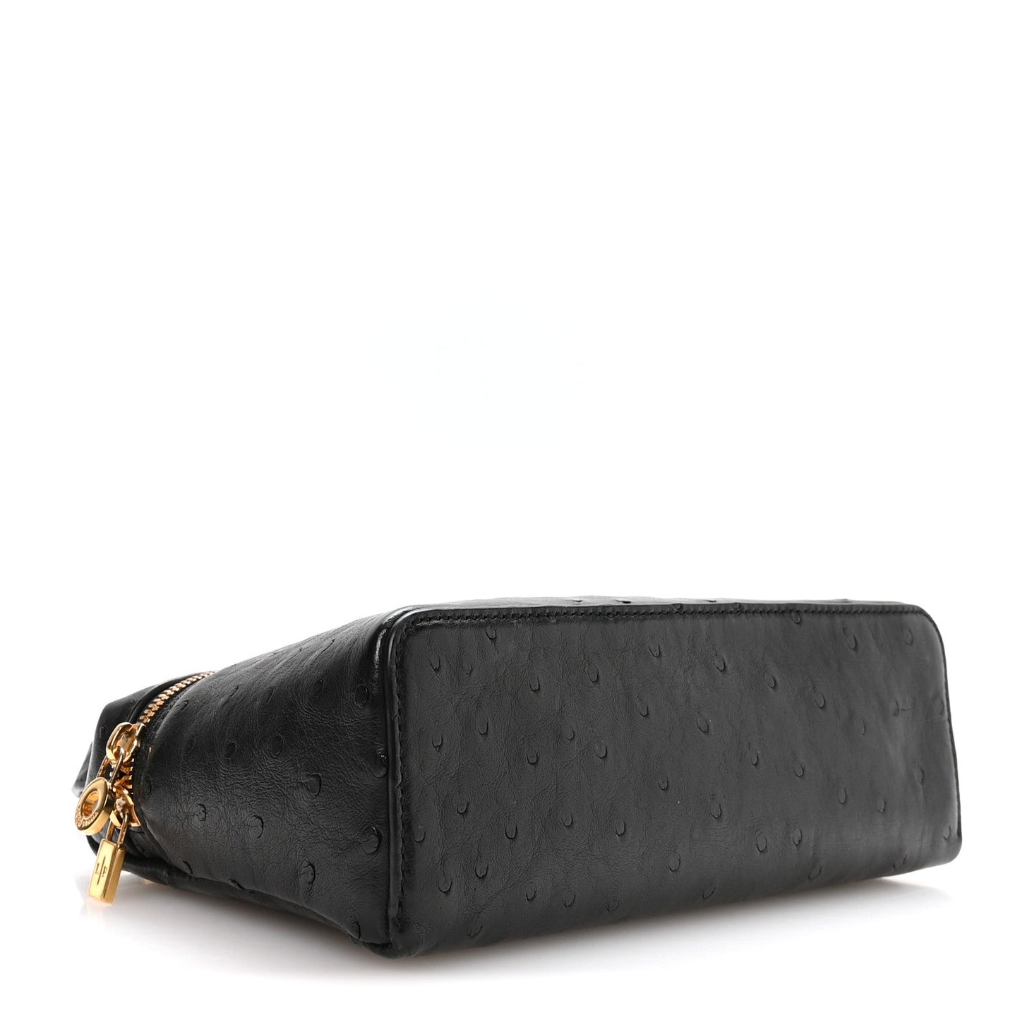 Black ostrich pocket pouch with gold-tone zipper and curved front profile