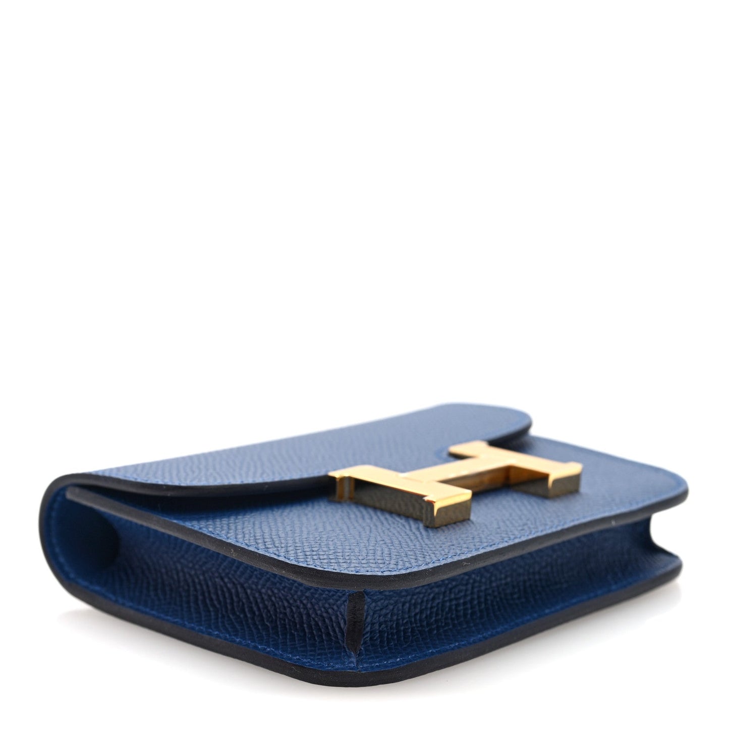 Blue leather slim wallet with gold H logo clasp, folded open edge