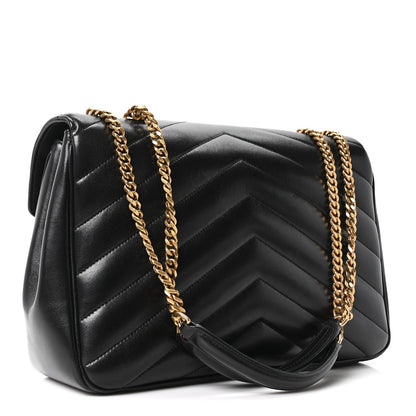 Saint Laurent Lambskin Chevron Quilted Large Loulou Shoulder Bag Black