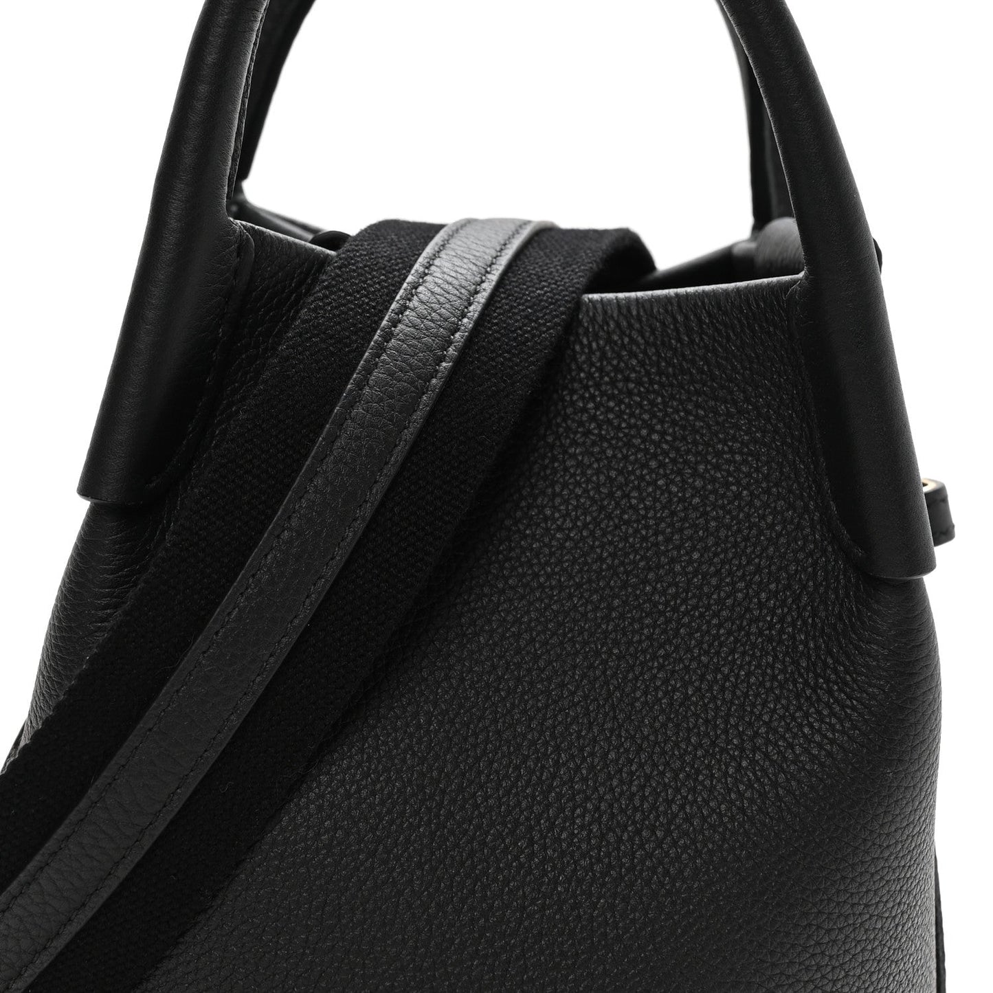 Black grained calfskin micro bale bag with top handle and strap detail