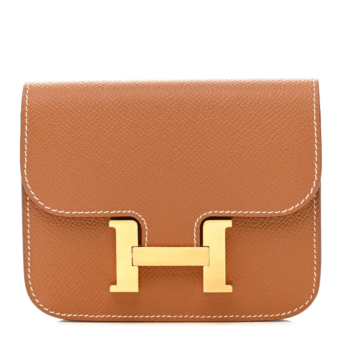 Hermes Constance slim wallet, top flap with gold-tone H clasp on textured brown leather