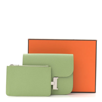 Light green leather slim wallet with H clasp and matching cardholder