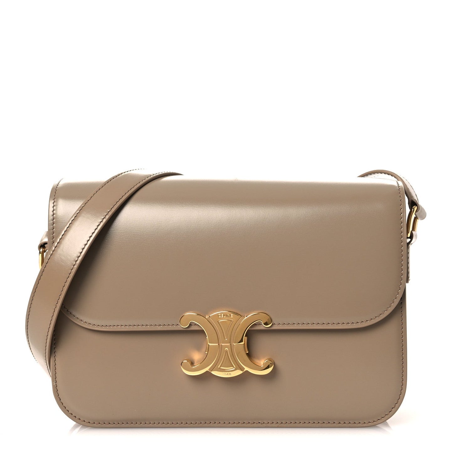 Celine medium Triomphe shoulder bag in shiny beige leather, flap with gold emblem