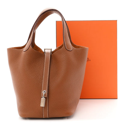 Taurillon Clemence Leather Bucket Tote Bag 18 PM Brown