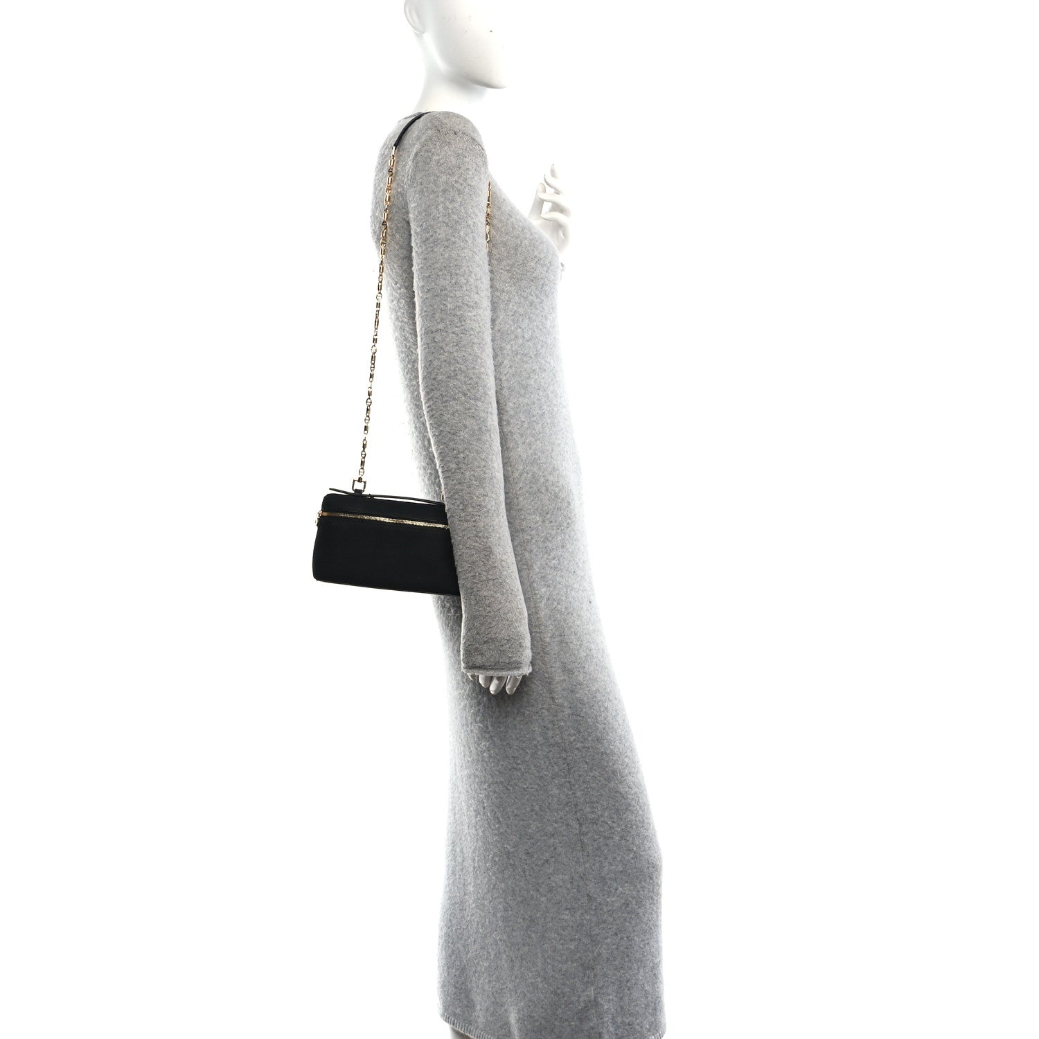 Black nubuck pouch with chain strap and top handle, side view