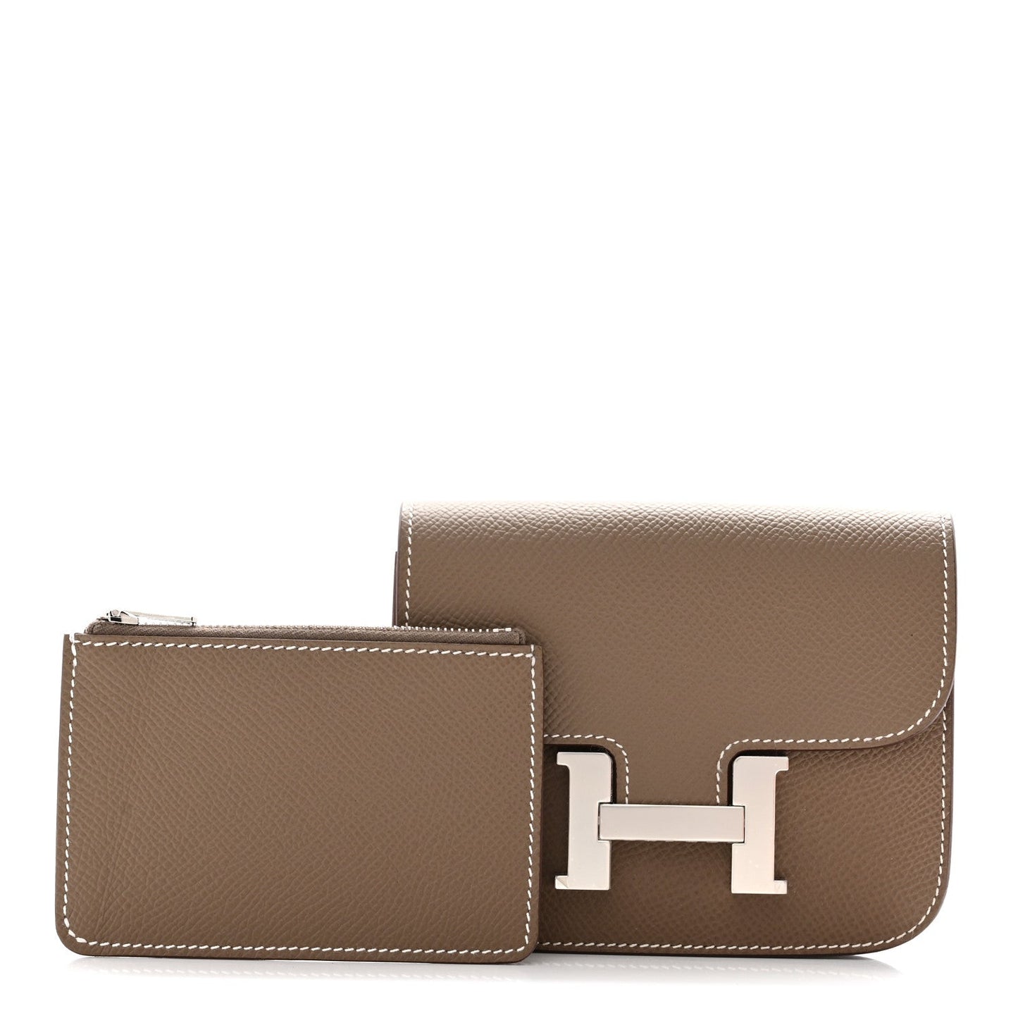 Taupe slim wallet with front H clasp and attached small card holder
