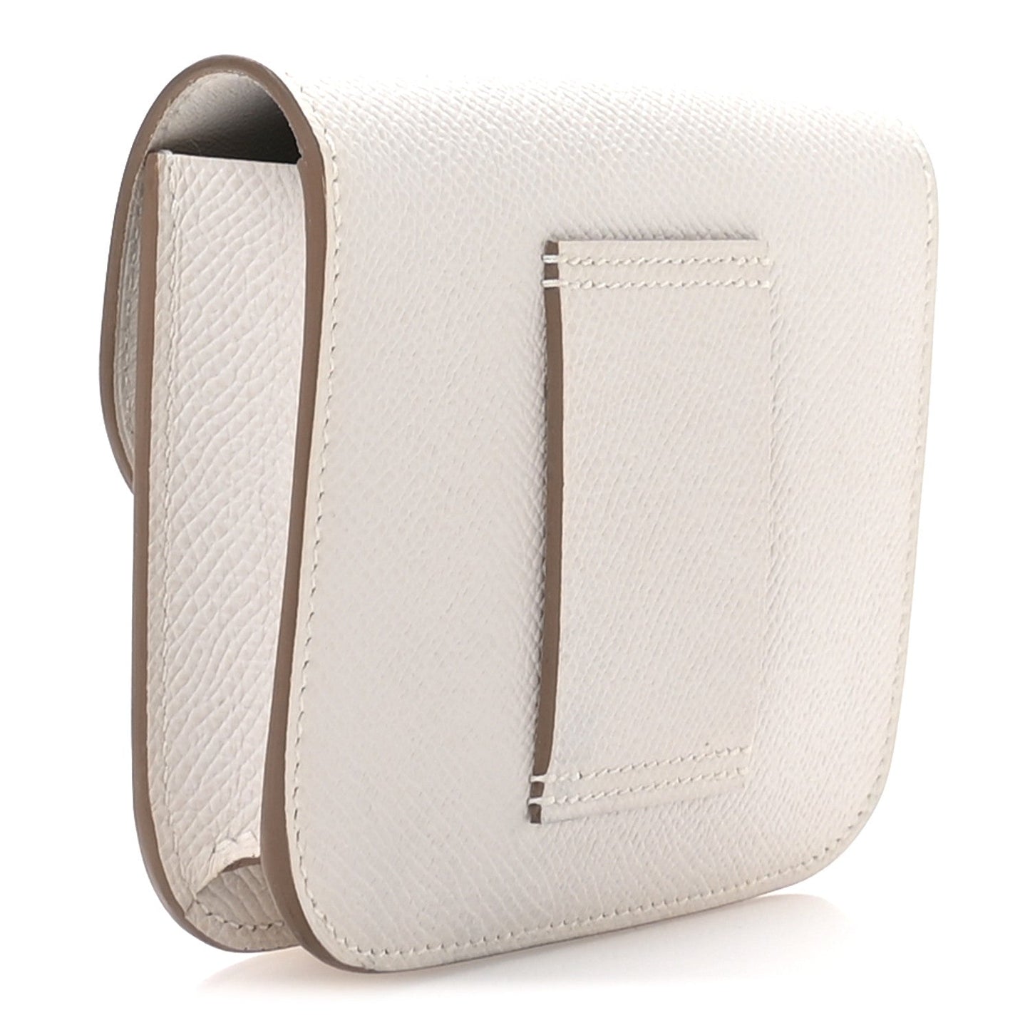 Pale gray slim wallet with flap, gold H clasp, and interior card pocket.