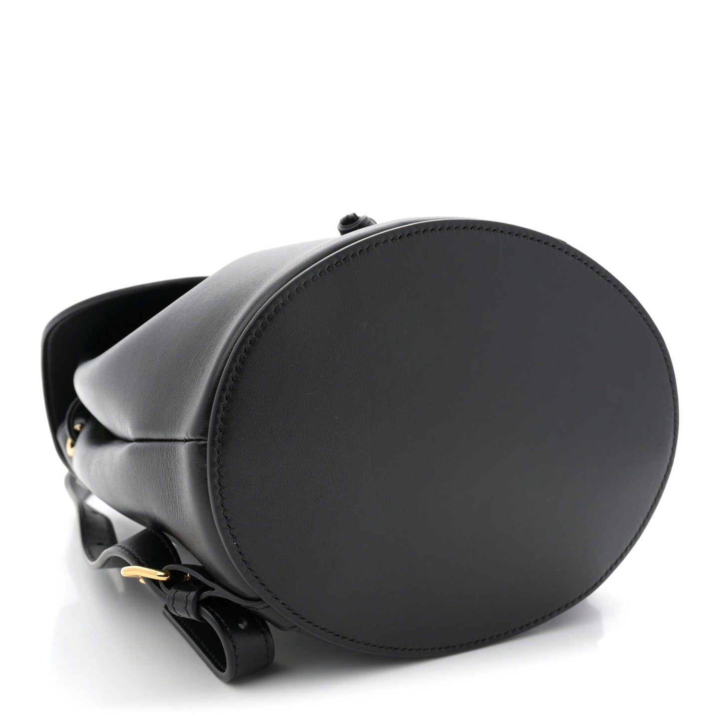 Celine Triomphe calfskin Bonnie backpack side view in black with round base.