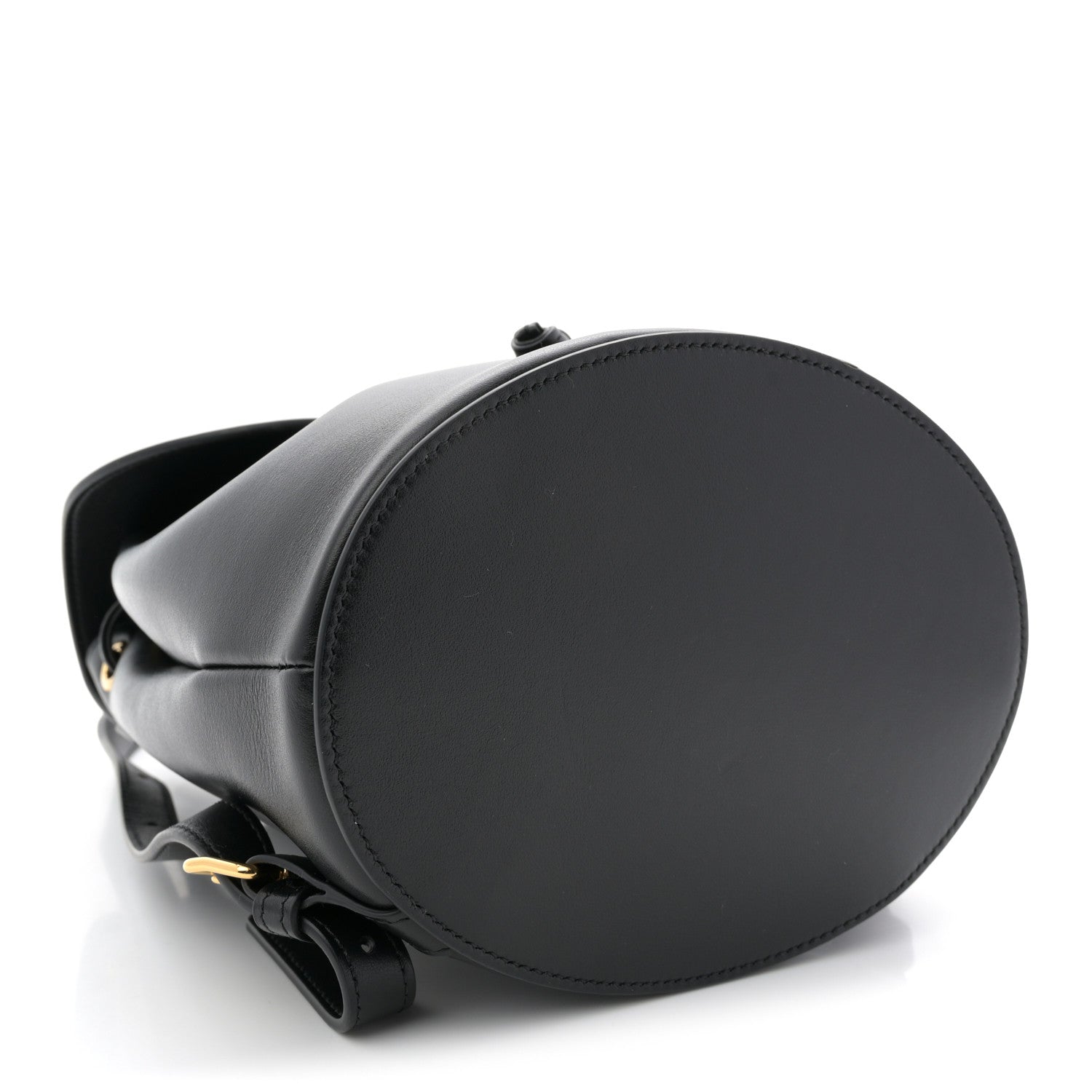 Celine Triomphe calfskin Bonnie backpack side view in black with round base.