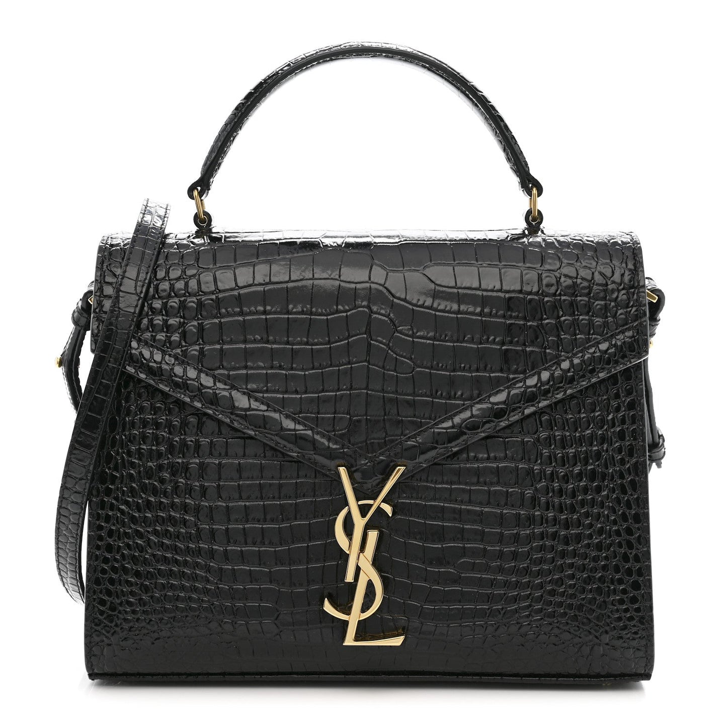 Saint Laurent Cassandra Medium Top Handle Bag Crocodile Embossed Calfskin Black