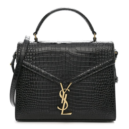 Saint Laurent Cassandra Medium Top Handle Bag Crocodile Embossed Calfskin Black