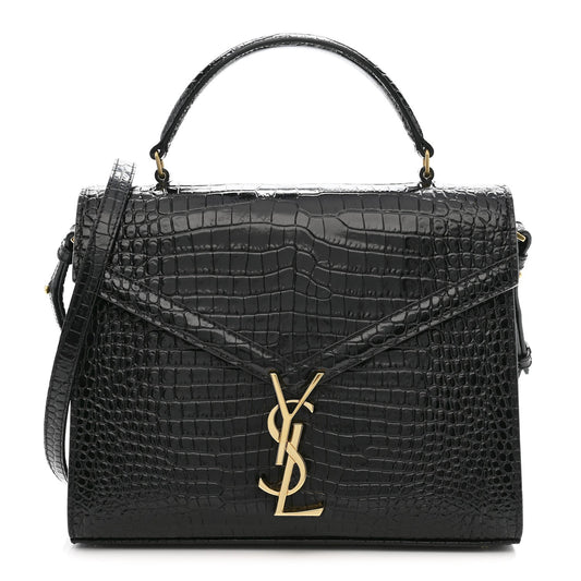 Saint Laurent Cassandra Medium Top Handle Bag Crocodile Embossed Calfskin Black