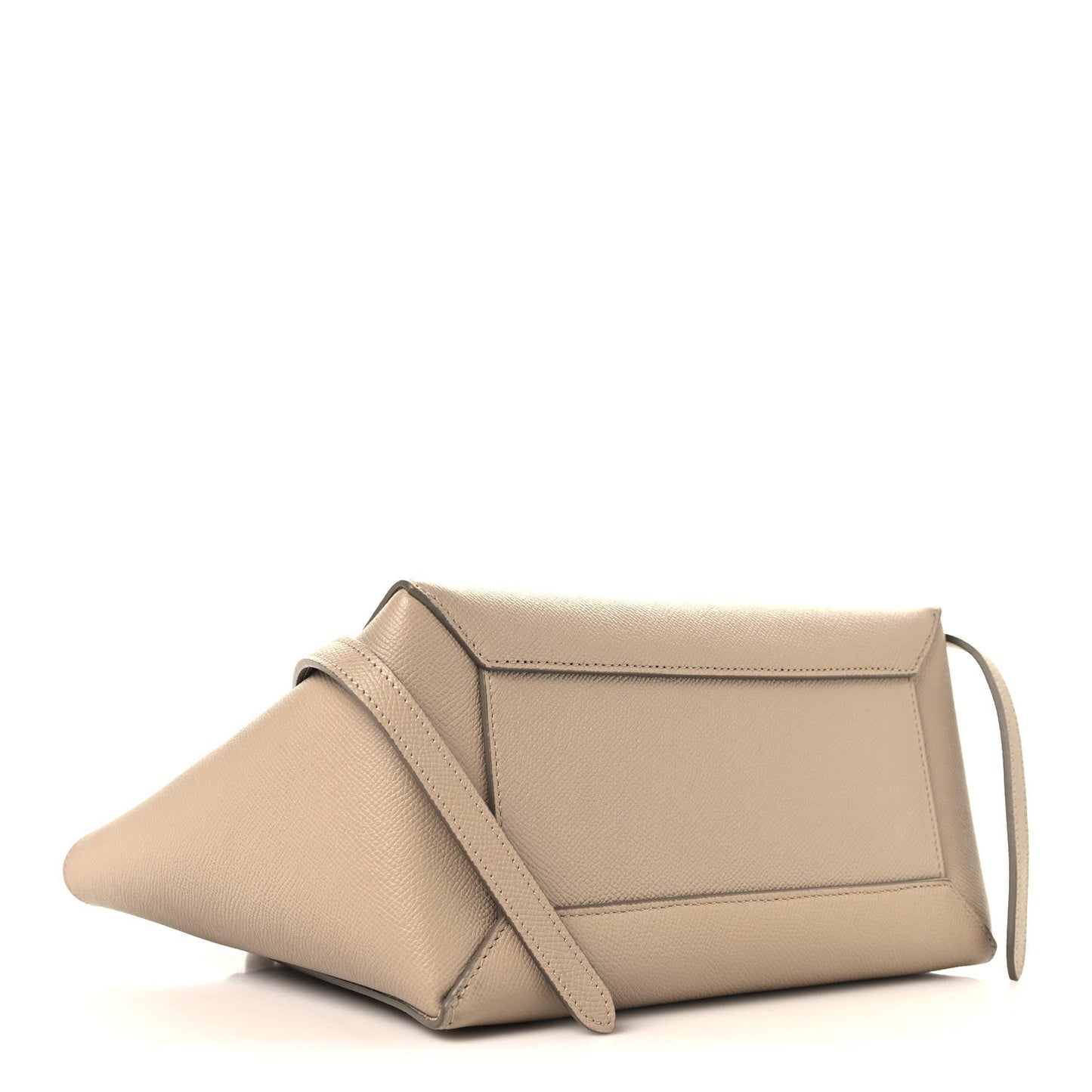 Celine light taupe micro belt bag angled side view with long shoulder strap