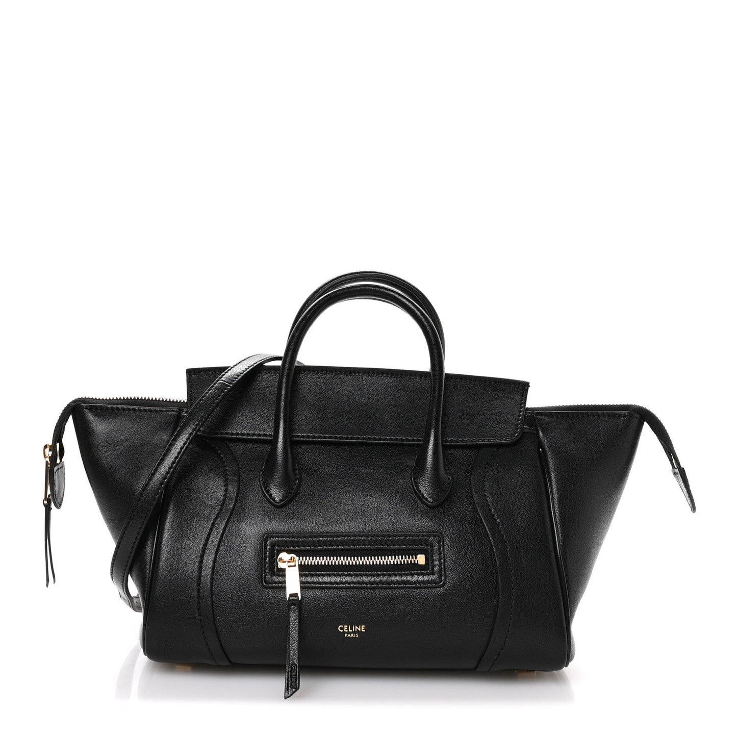 Celine black leather mini tote with top handles and front zip pocket detail