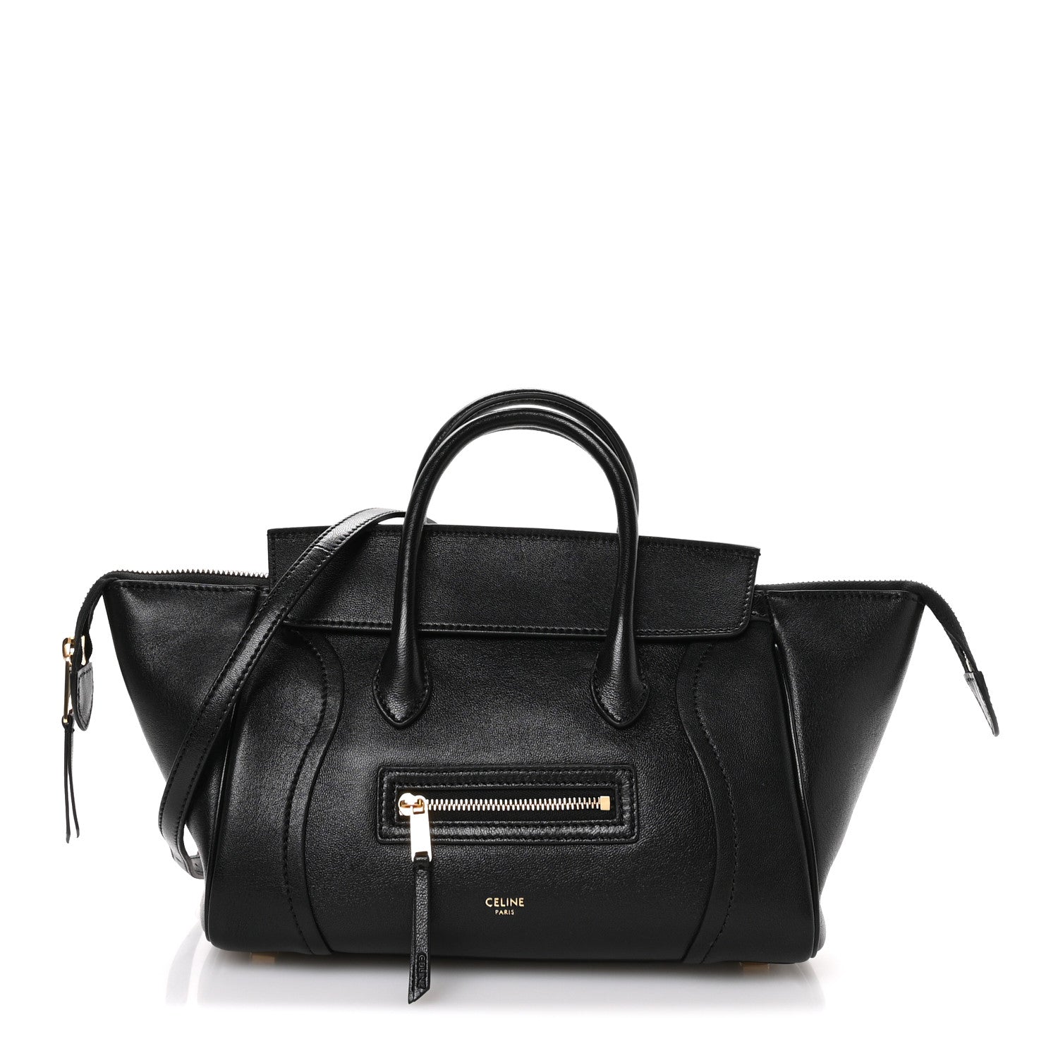Celine black leather mini tote with top handles and front zip pocket detail