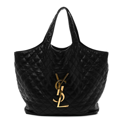 Saint Laurent Lambskin Quilted Maxi Icare Shopping Tote Black