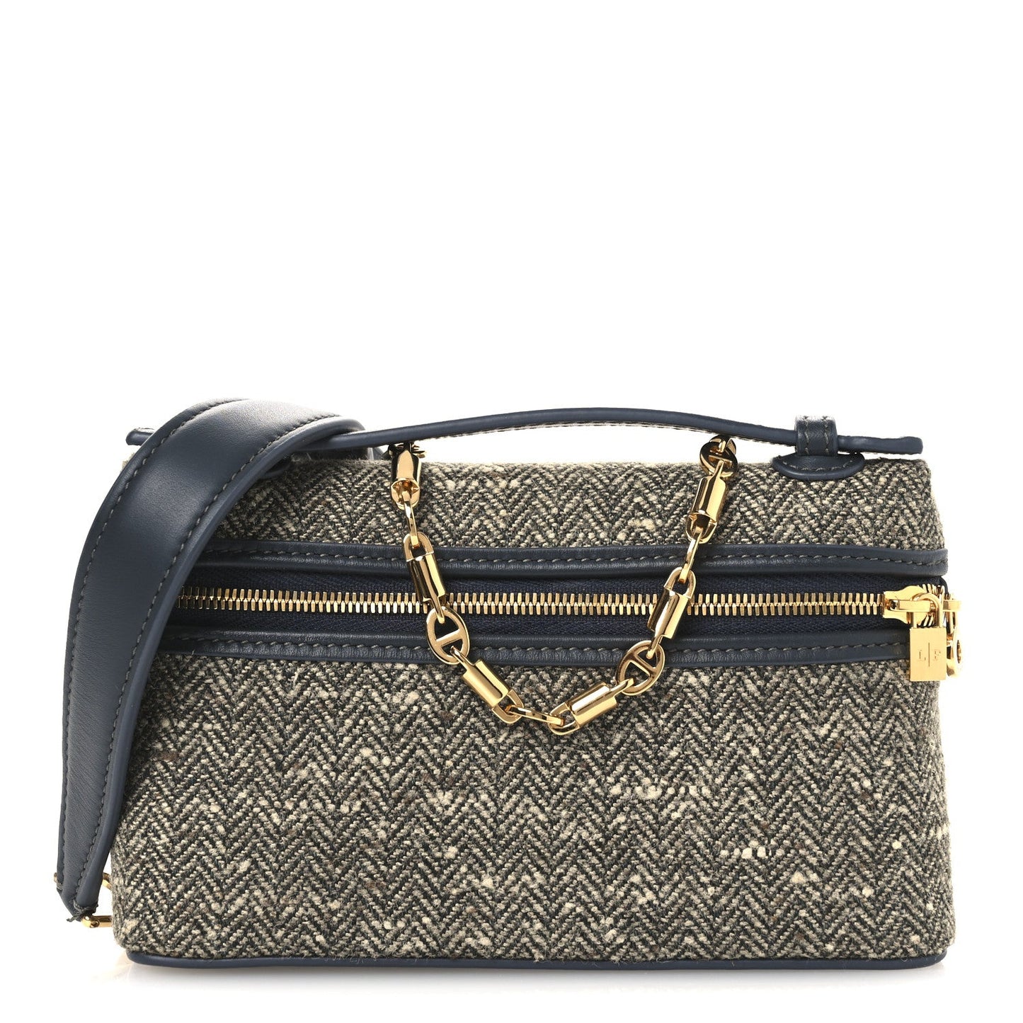 Mini herringbone wool-blend pouch with dark navy leather trim, gold chain, zip closure
