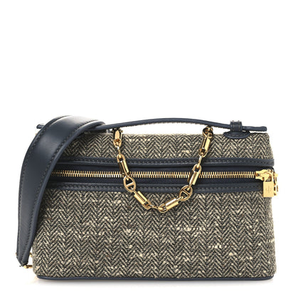 Mini herringbone wool-blend pouch with dark navy leather trim, gold chain, zip closure