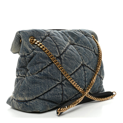 Saint Laurent Denim Quilted Medium Loulou Puffer Monogram Chain Satchel Blue Cinnamon