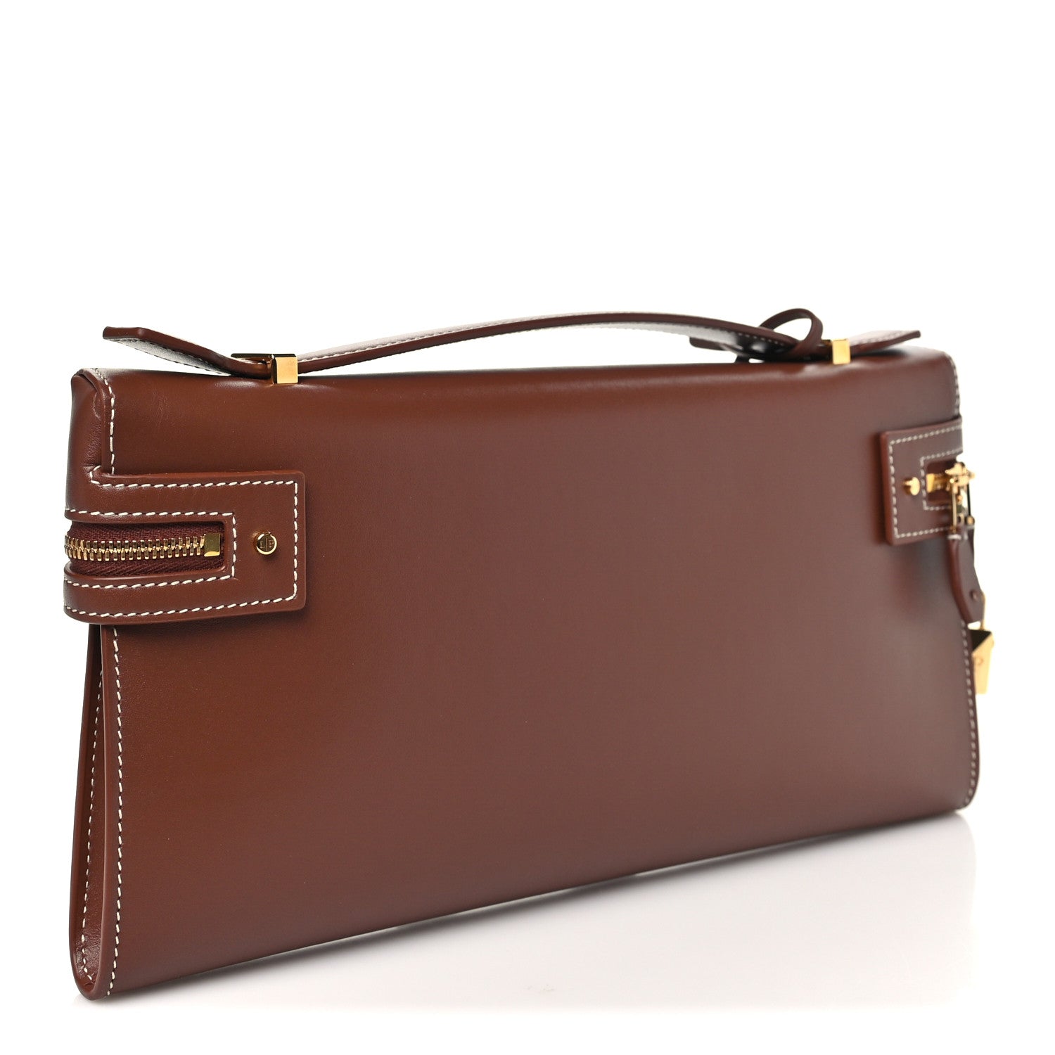 Loro Piana smooth calfskin clutch in burnt tan with stitched panels and side pocket